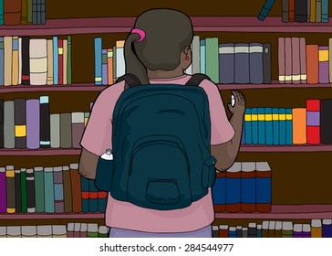 Cartoon of woman with backpack reaching for book on shelf