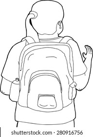Cartoon of woman with backpack waving hands