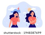 Cartoon woman in bad and good mood flat vector illustration. Girl in stress of premenstrual syndrome and calm state of mind. PMS, woman and mental health problems concept for landing page, design