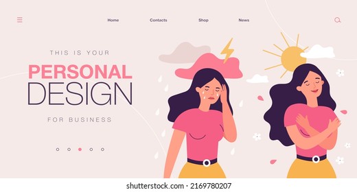 Cartoon woman in bad and good mood flat vector illustration. Girl in stress of premenstrual syndrome and calm state of mind. PMS, woman and mental health problems concept for landing page, design