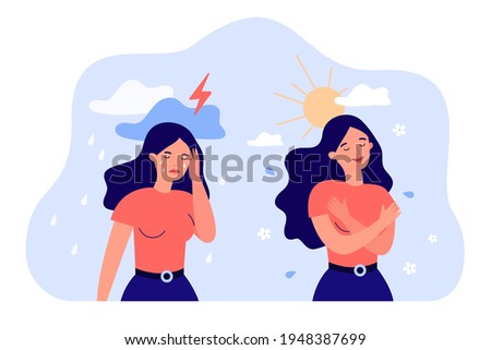 Cartoon woman in bad and good mood flat vector illustration. Girl in stress of premenstrual syndrome and calm state of mind. PMS, woman and mental health problems concept for landing page, design