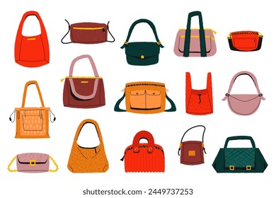 Bolsos de mujer de dibujos animados. Moderna colección de bolso de mujer de moda, elegantes accesorios de moda elegantes para las mujeres, variedad de bolso de piel. Conjunto aislado de Vector. Glamour dibujado a mano y modelos casuales