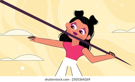 Cartoon woman balancing on a pole, symbolizing focus and determination. Concept of strength, balance, and perseverance.

