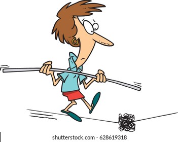 Cartoon Woman Balancing On A Tight Rope Facing A Dilemma