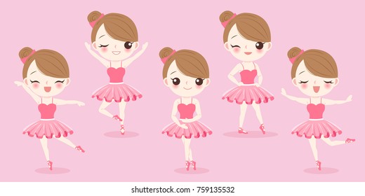cartoon woman with ballet on the pink background