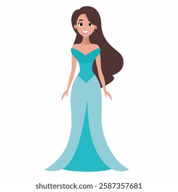  a cartoon  woman .Beautiful doll in a blue dress.Suitable for children's books, sticker,t shirt design, mascot, logo. Isolated on white background. Front view. Vector illustration. 