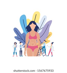 Cartoon woman before liposuction procedure surrounded by surgeon team drawing cut lines on her body - plastic surgery planning phase. Isolated flat vector illustration