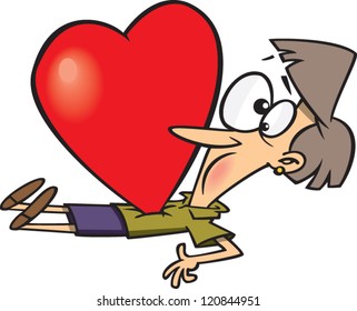 cartoon woman being squished by a giant heart