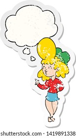 cartoon woman with big hair with thought bubble as a distressed worn sticker