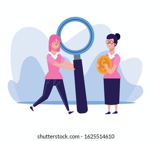 cartoon woman with big magnifying glass and woman holding a money coin over white background, colorful design, vector illustration