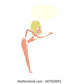 cartoon woman in bikini with speech bubble