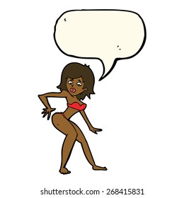 cartoon woman in bikini with speech bubble