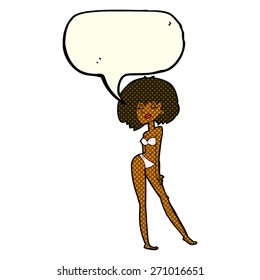 cartoon woman in bikini with speech bubble