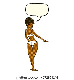 cartoon woman in bikini with speech bubble