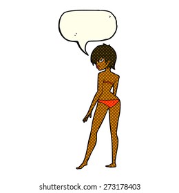 cartoon woman in bikini with speech bubble