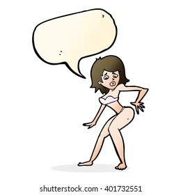 cartoon woman in bikini with speech bubble