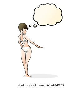 cartoon woman in bikini with thought bubble