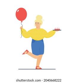 Cartoon woman with birthday balloon and cupcake tray dancing isolated on white background. Girl with festive objects - flat vector illustration.