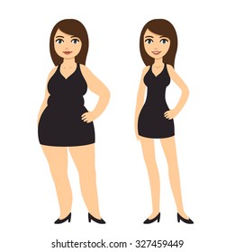 Cartoon woman in black dress, skinny and overweight. Weight loss before and after vector illustration.