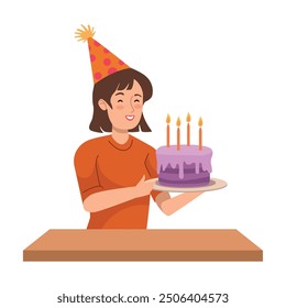 cartoon woman blowing birthday candle isolated