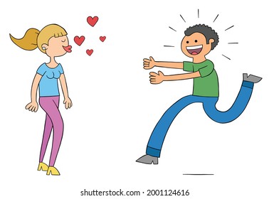 Cartoon woman blows kisses   man runs to her very excited  vector illustration  Colored   black outlines 