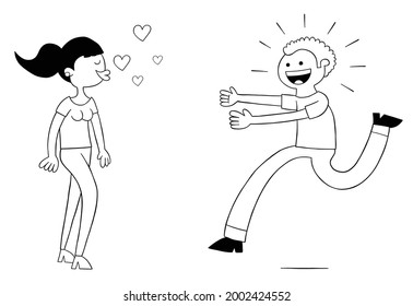Cartoon woman blows kisses   man runs to her very excited  vector illustration  Black outlined   white colored 