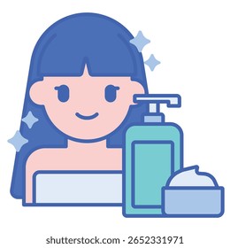 Mulher Desenho Animado com Cabelo Azul, Toalha, Garrafa de Loção, e Creme Co