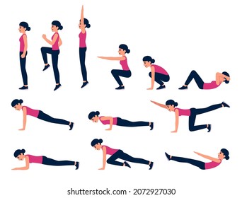 Cartoon Woman Bodyweight Exercise Illustration Set. Fitness Workout For Abs, Cardio, HIIT. Isolated Vector Clip Art. 