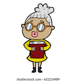 cartoon woman with book wearing spectacles