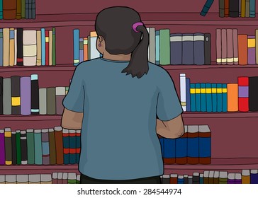 Cartoon of woman at bookshelf from rear view