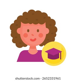 Cartoon Woman with Brown Curly Hair and Graduation Cap Icon