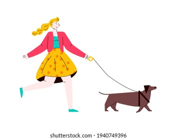 Cartoon woman and brown dog on a walk isolated on white background