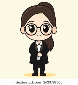 Cartoon woman with brown hair in a bun and ponytail, wearing round glasses and a black business suit with her hands clasped.