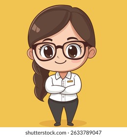 Cartoon woman with brown hair styled in a braid, wearing glasses, a white shirt with a name tag, and dark pants, arms crossed.