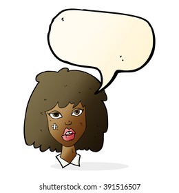 cartoon woman with bruised face with speech bubble