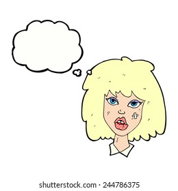 cartoon woman with bruised face with thought bubble