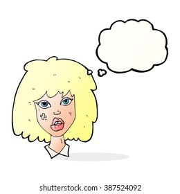 cartoon woman with bruised face with thought bubble