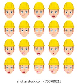 Cartoon Woman Builder Character. Different facial expressions. Emotional set for rigging and animation. Vector illustration in a flat style.
