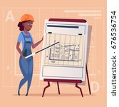 Cartoon Woman Builder Explain Plan Of Building Blueprint Wearing Uniform And Helmet Construction Worker Contractor African American Flat Vector Illustration