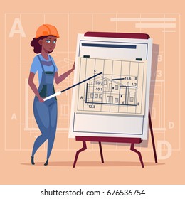 Cartoon Woman Builder Explain Plan Of Building Blueprint Wearing Uniform And Helmet Construction Worker Contractor African American Flat Vector Illustration