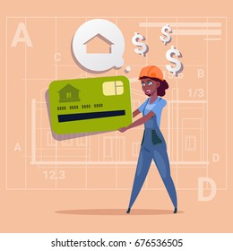 Cartoon Woman Builder Hold Credit Card Sell House Real Estate Over Abstract Plan Background African American Female Workman Flat Vector Illustration