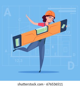 Cartoon Woman Builder Holding Carpenter Level Wearing Uniform And Helmet Construction Worker Over Abstract Plan Background Flat Vector Illustration