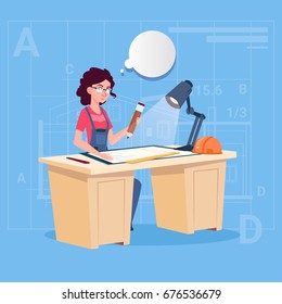 Cartoon Woman Builder Sitting At Desk Working On Blueprint Building Plan Architect Engineer Flat Vector Illustration