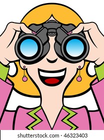 Cartoon of a woman in a business suit using binoculars.