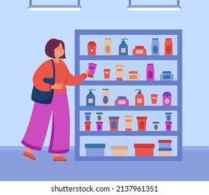 Cartoon Woman Buying Beauty Products In Shop. Girl Choosing Eco-friendly Cream, Shampoo Or Body Lotion, Skincare Or Makeup Products Flat Vector Illustration. Cosmetics, Cosmetology Concept For Banner