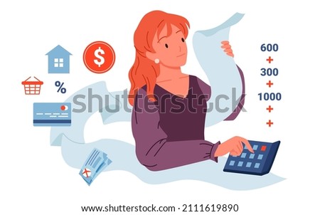 Cartoon woman with calculator and invoice receipt calculating balance of financial income and expense in bank account. Personal accounting concept. Family budget calculation vector illustration