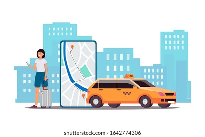 Cartoon woman calling taxi service via phone app - smartphone screen with car route on map and yellow cab on city backdrop. Flat isolated vector illustration.