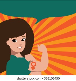 Cartoon woman with can do attitude rolls up her sleeve to reveal tattoo of the symbol of femininity. Icon poster of female power.. With copy space. EPS 10 vector.