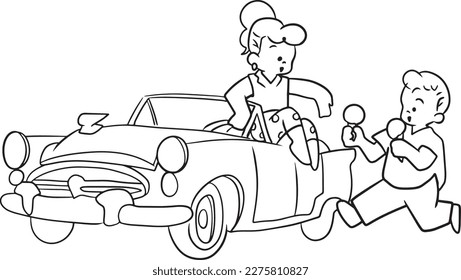 Cartoon woman car doodle kawaii anime coloring page cute illustration character