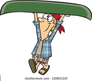 cartoon woman carrying a canoe over her head